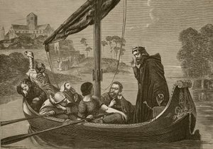 Canuto en el río Nene escuchando al coro de Ely Minster, grabado por F. Wentworth de William Cave Thomas